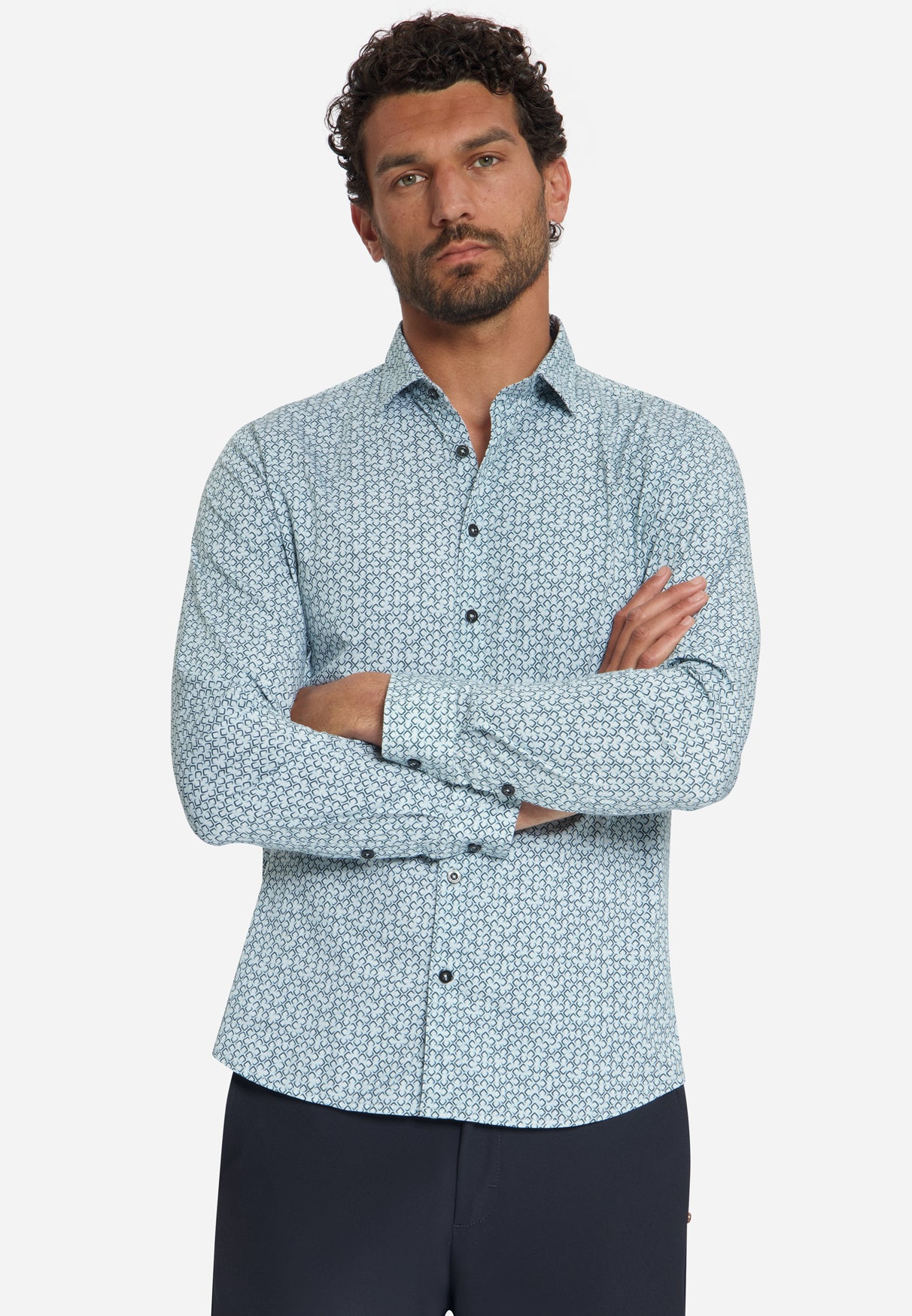 Geprint Stretch Overhemd | Dusty Blue
