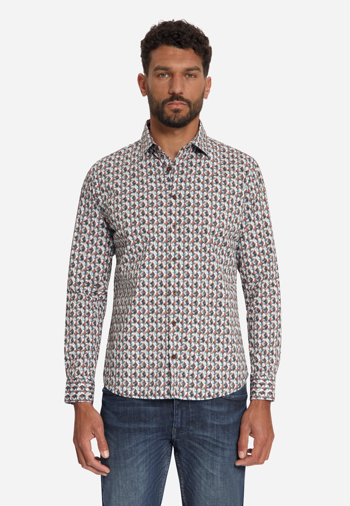 Stretch overhemd met all-over print | Caramel
