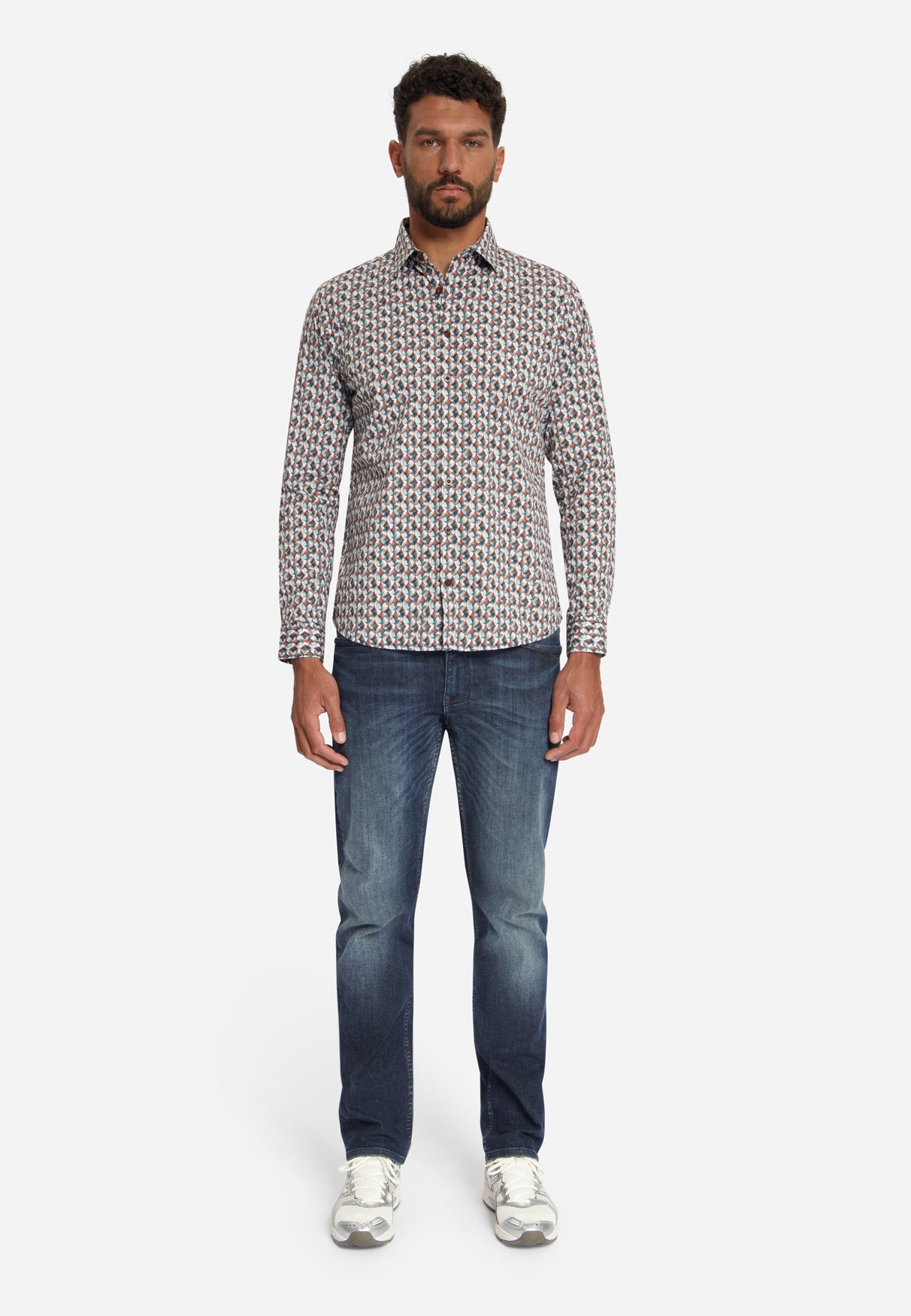Stretch overhemd met all-over print | Caramel