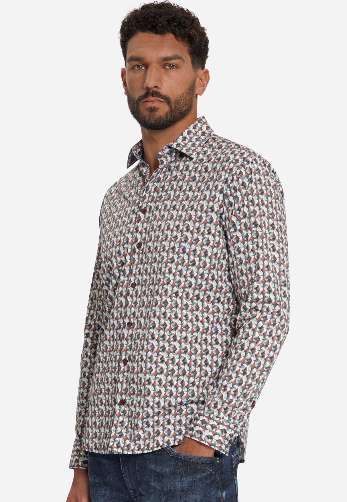 Stretch overhemd met all-over print | Caramel