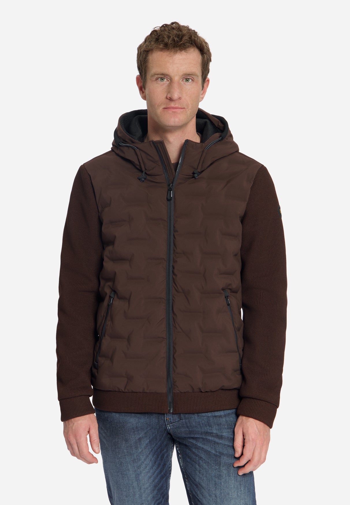 Jas met korte pasvorm, afgedichte capuchon, gebreide mix | Dark Brown