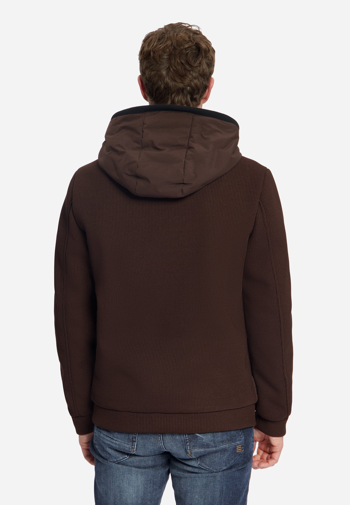 Jas met korte pasvorm, afgedichte capuchon, gebreide mix | Dark Brown