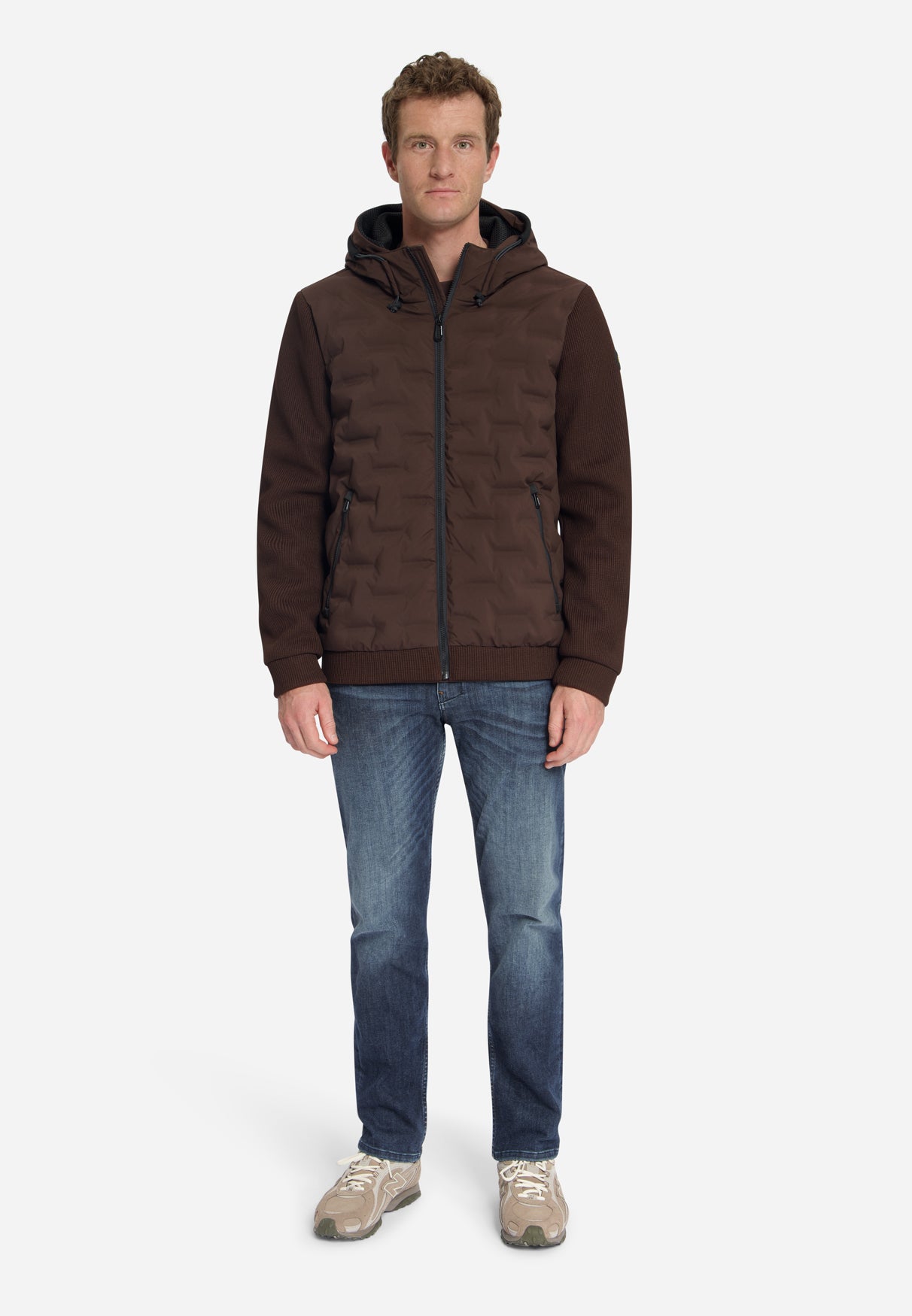 Jas met korte pasvorm, afgedichte capuchon, gebreide mix | Dark Brown