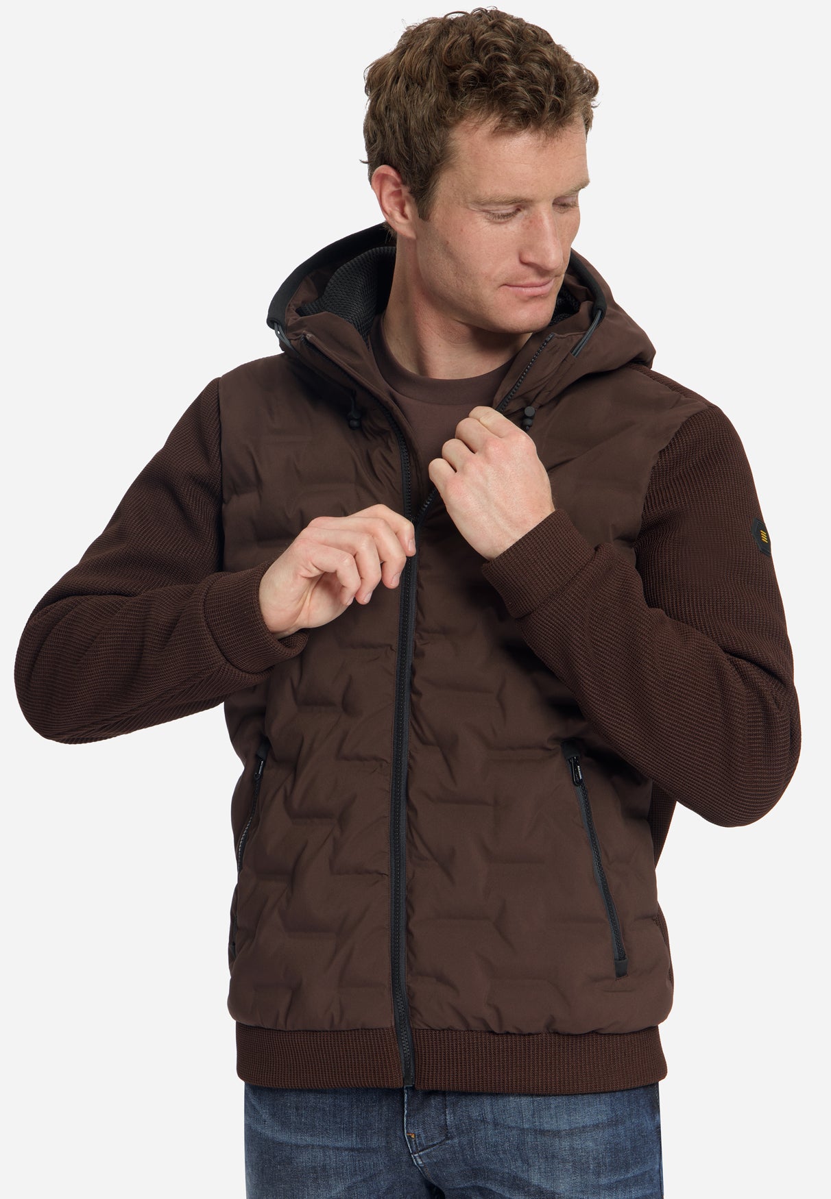 Jas met korte pasvorm, afgedichte capuchon, gebreide mix | Dark Brown