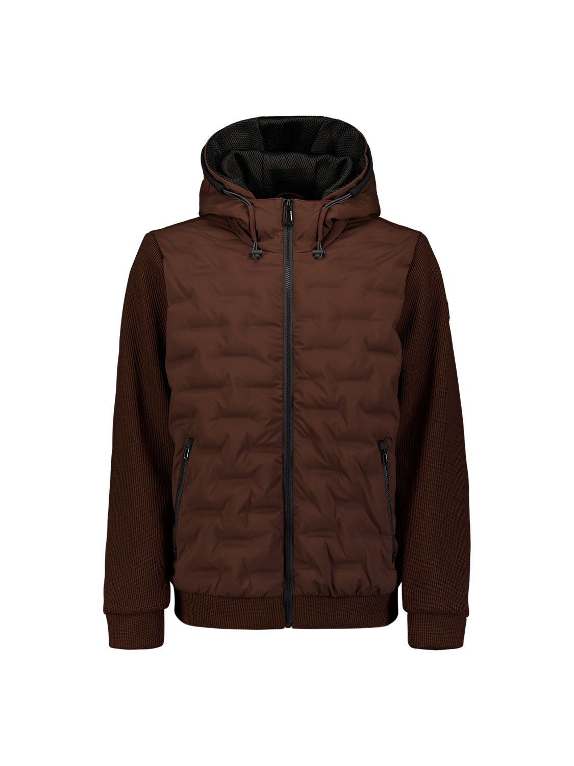 Jas met korte pasvorm, afgedichte capuchon, gebreide mix | Dark Brown