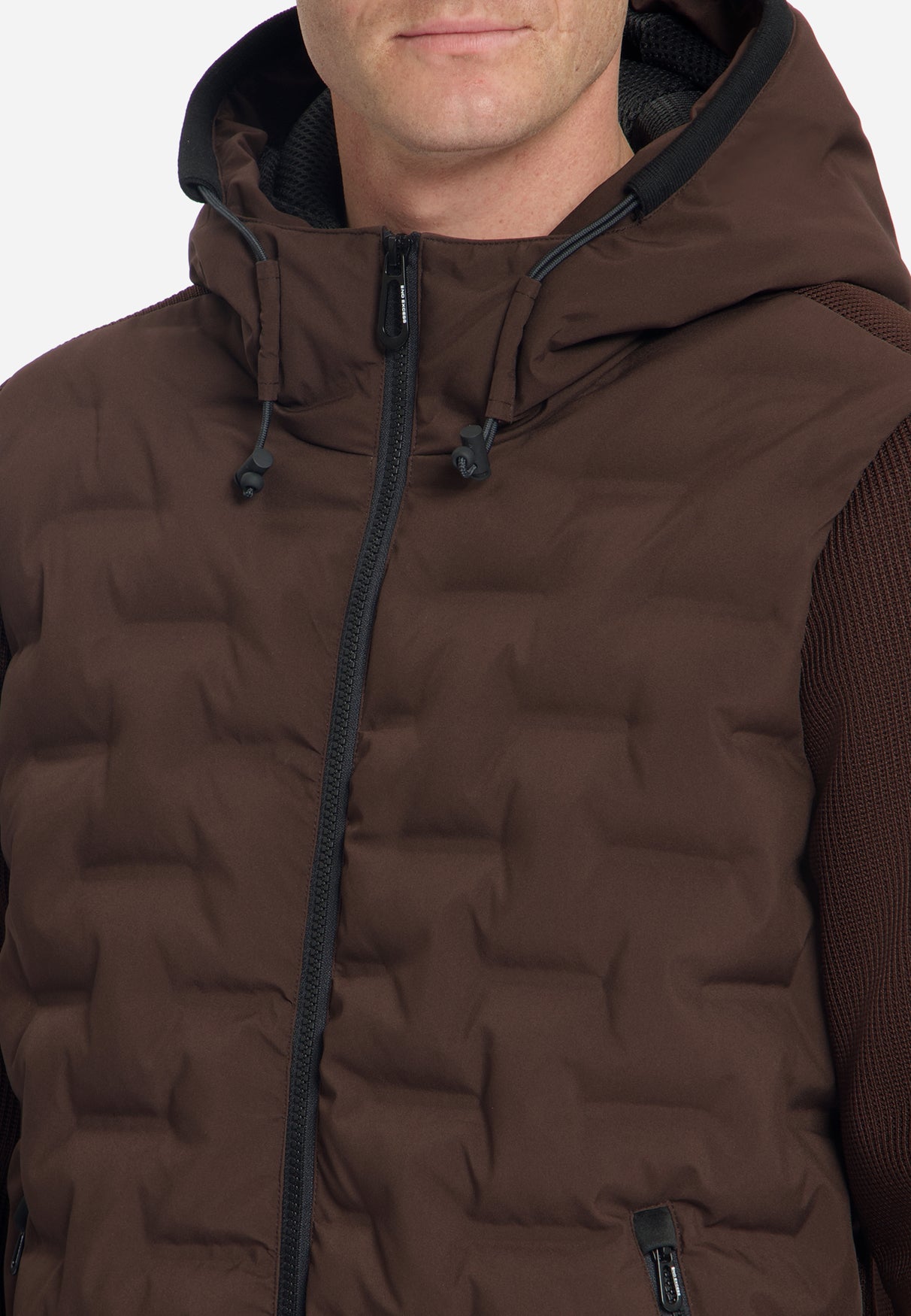 Jas met korte pasvorm, afgedichte capuchon, gebreide mix | Dark Brown