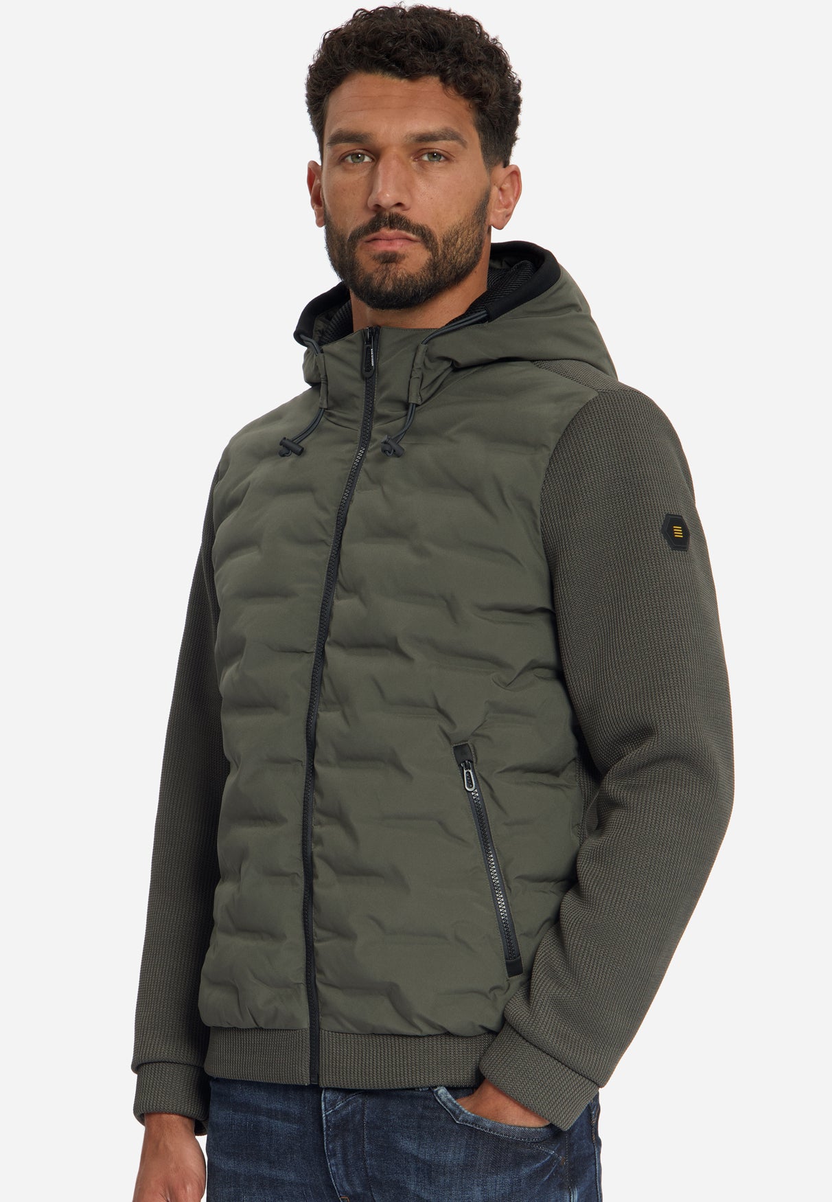 Jas met korte pasvorm, afgedichte capuchon, gebreide mix | Army