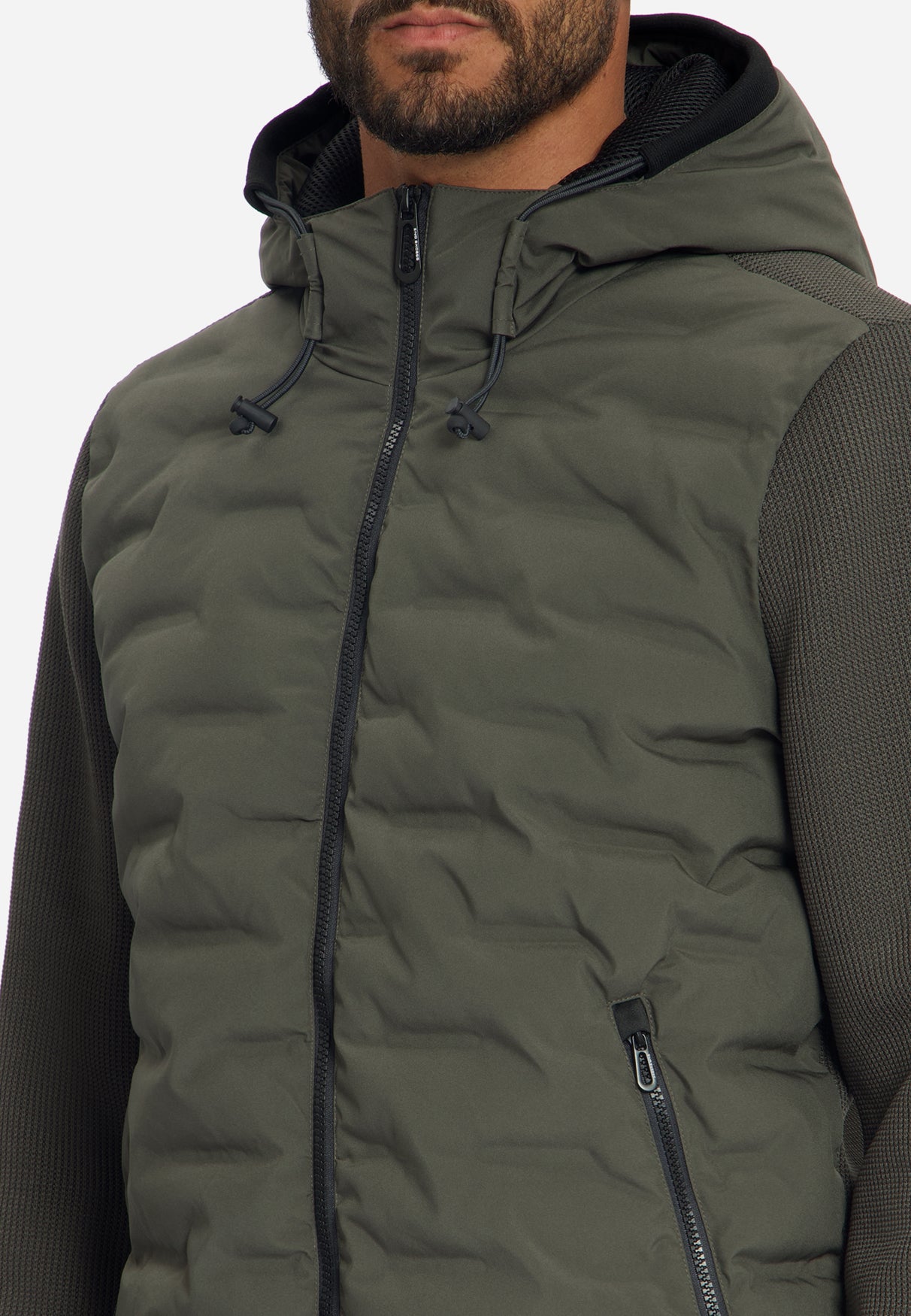 Jas met korte pasvorm, afgedichte capuchon, gebreide mix | Army