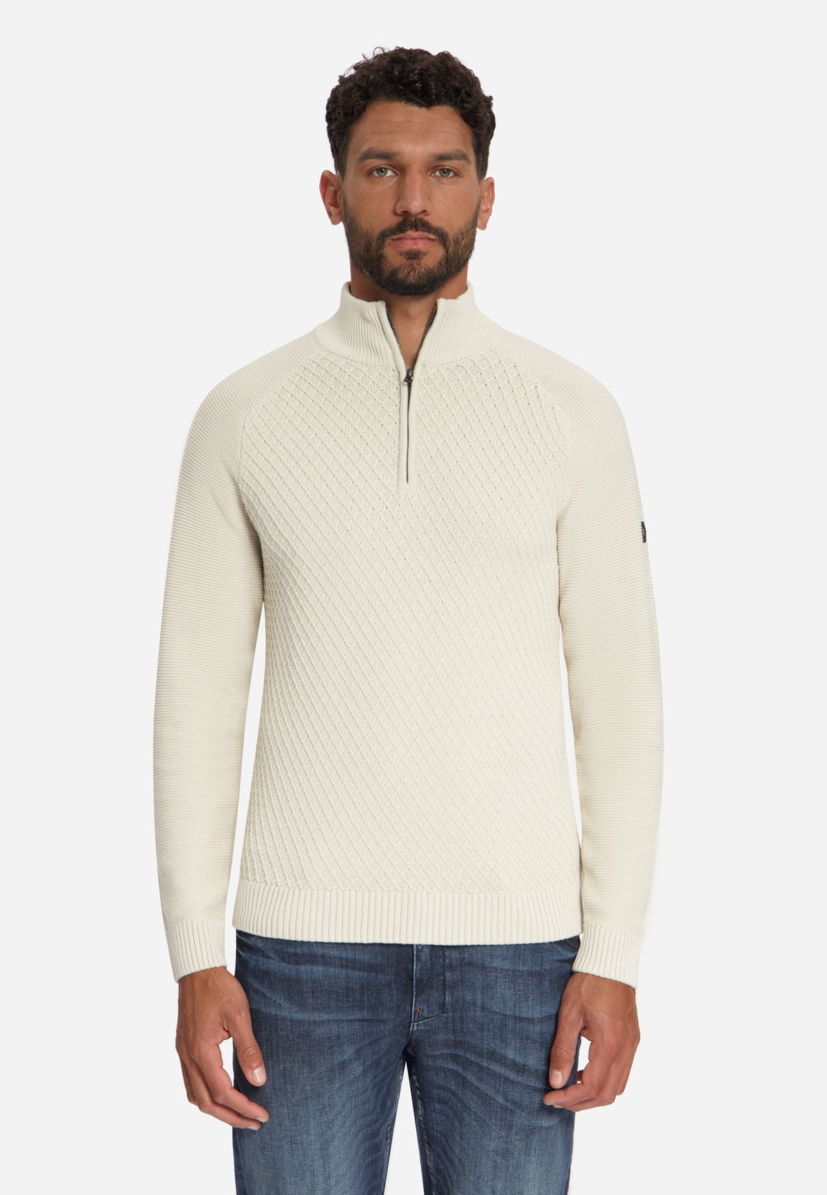 Kabelgebreide half-zip trui | Stone