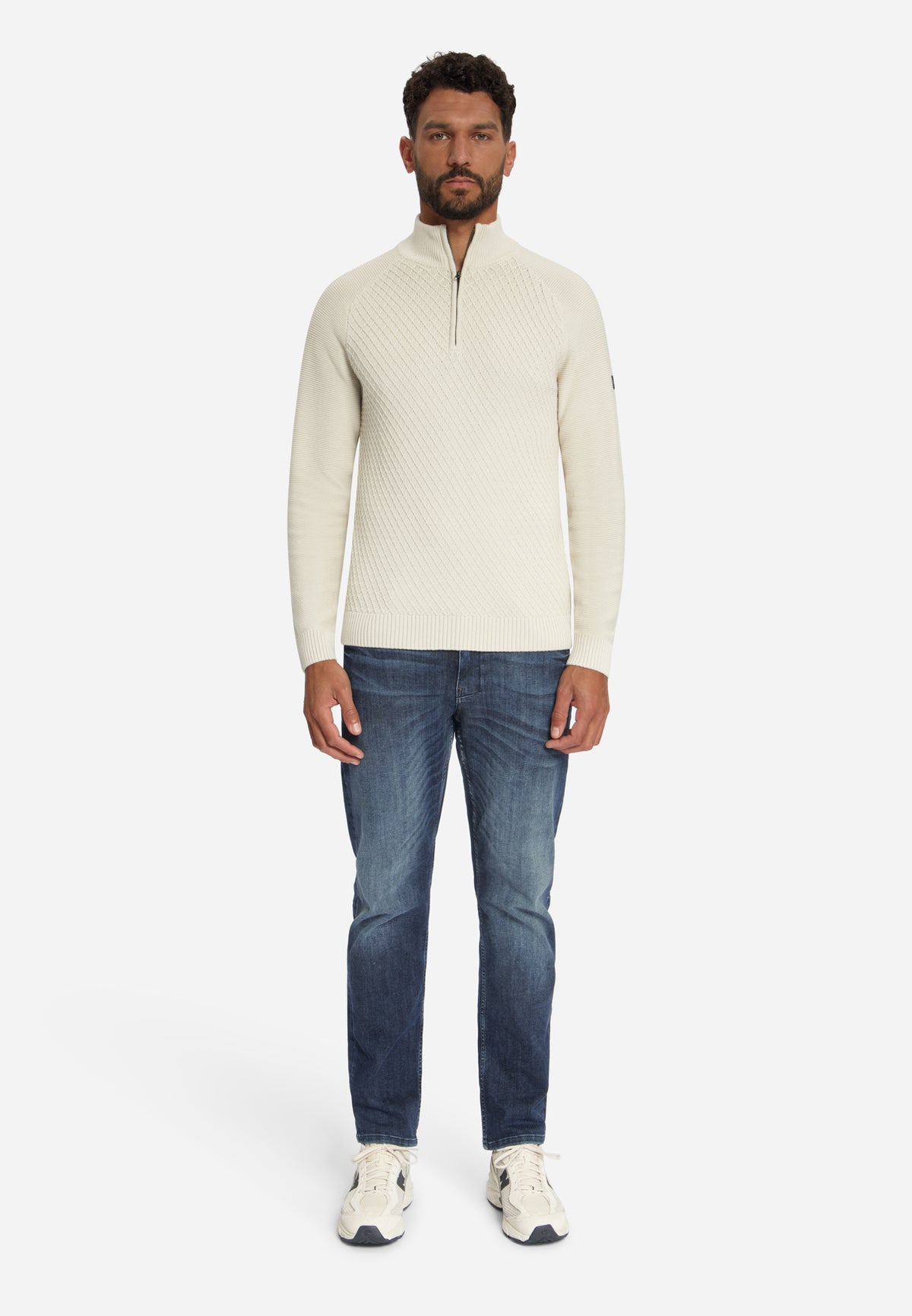 Kabelgebreide half-zip trui | Stone