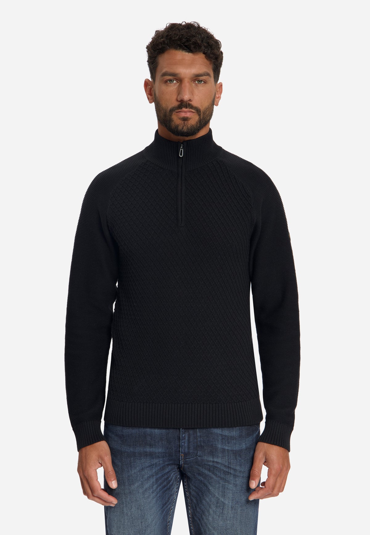 Kabelgebreide half-zip trui | Black