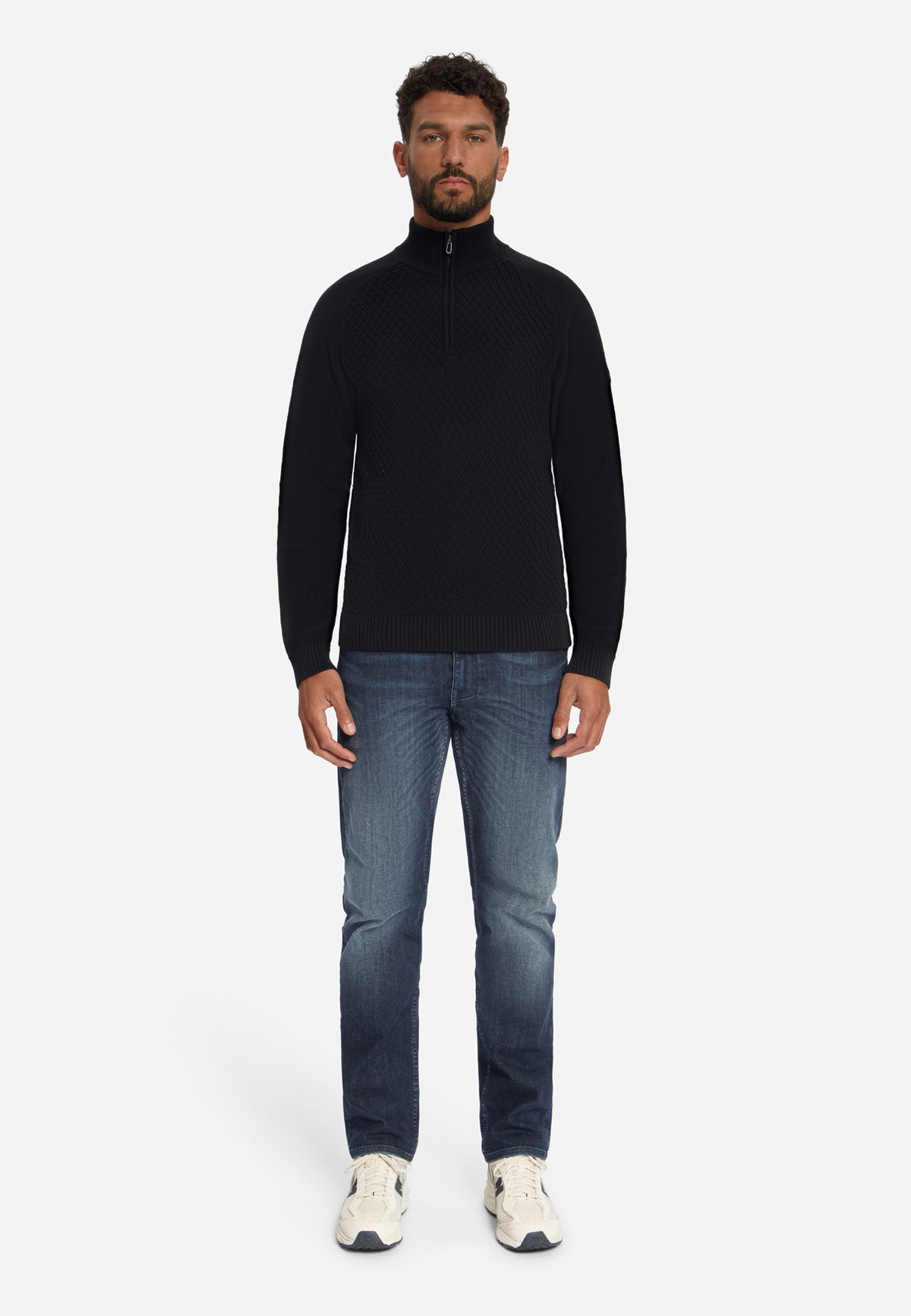 Kabelgebreide half-zip trui | Black